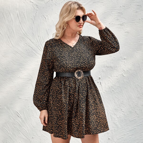 

Plus Allover Print A-line Dress Without Belted, Multicolor