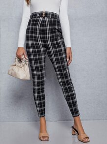 SHEIN Maternity Buttoned Front Plaid Trousers - Black and White - View 1
