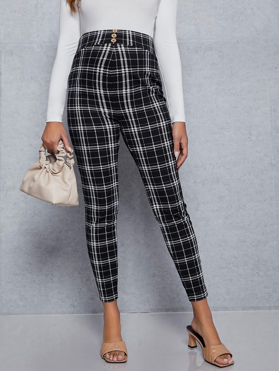 SHEIN Maternity Buttoned Front Plaid Trousers - Black and White - View 1