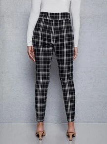 SHEIN Maternity Buttoned Front Plaid Trousers - Black and White - View 2