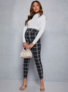 SHEIN Maternity Buttoned Front Plaid Trousers - Black and White - View 4