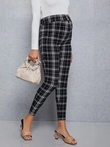 SHEIN Maternity Buttoned Front Plaid Trousers - Black and White - View 5