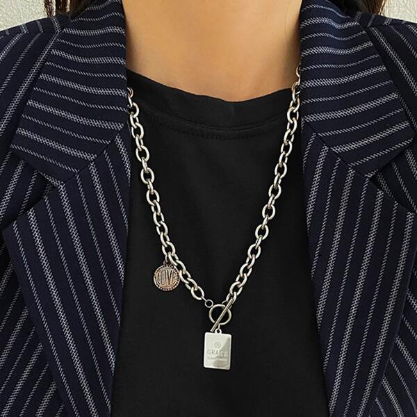 

Letter Engraved Geo Charm Necklace, Silver