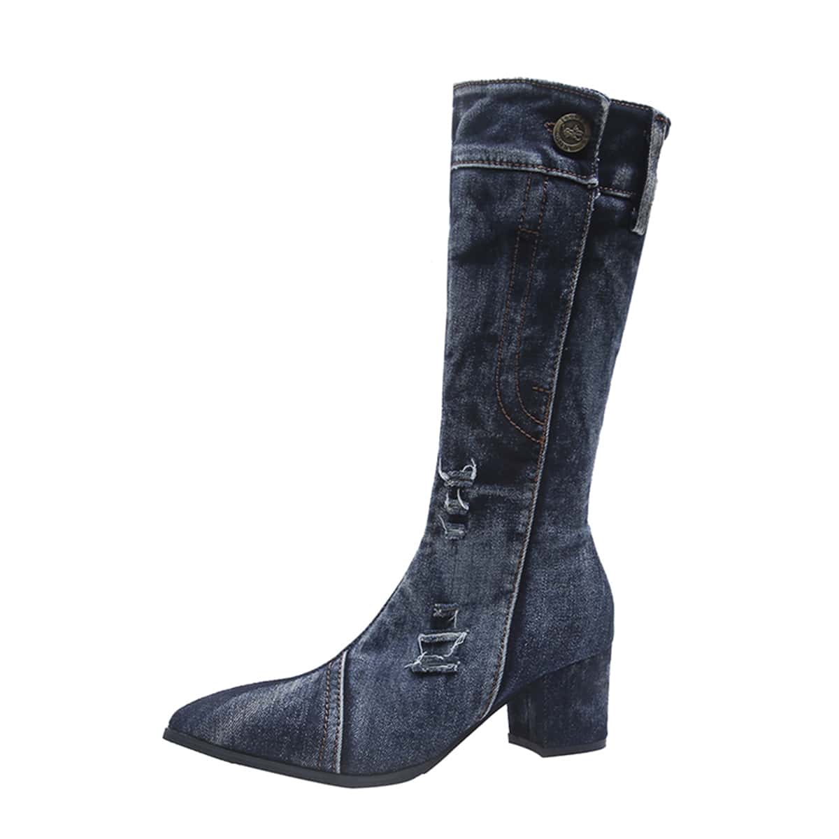 

Ripped Heeled Denim Boots, Blue