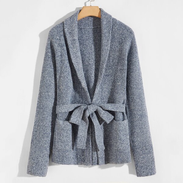 

Men Heathered Self Tie Dual Pocket Cardigan, Dusty blue