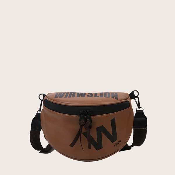 

Letter Graphic Zip Front Crossbody Bag, Coffee brown