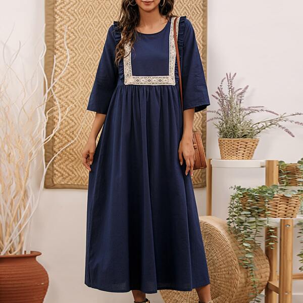 

Contrast Lace Ruffle Trim Smock Dress, Navy blue