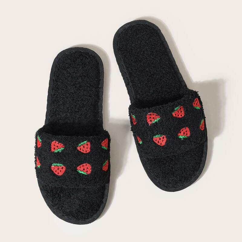

Strawberry Embroidery Fluffy Slippers, Black