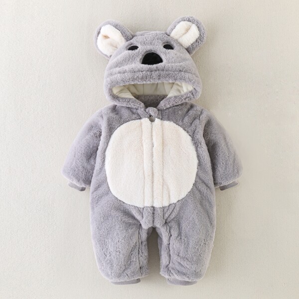 

Baby Unisex Cartoon Graphic 3D Ear Hooded Teddy Onesie, Grey