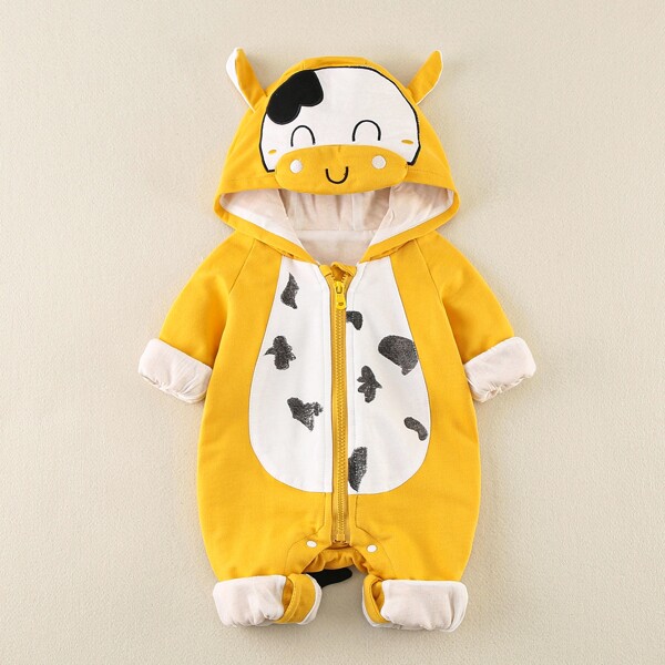 

Baby Boy Cartoon Graphic 3D Ear Hooded Jumpsuit, Yellow