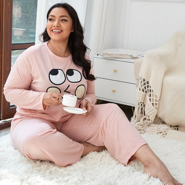 

Plus Cartoon Graphic PJ Set, Baby pink