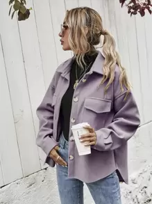 SHEIN Frenchy Flap Pocket High Low Hem Overcoat - Mauve Purple - View 4
