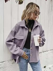 SHEIN Frenchy Flap Pocket High Low Hem Overcoat - Mauve Purple - View 5