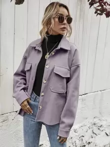 SHEIN Frenchy Flap Pocket High Low Hem Overcoat - Mauve Purple - View 6