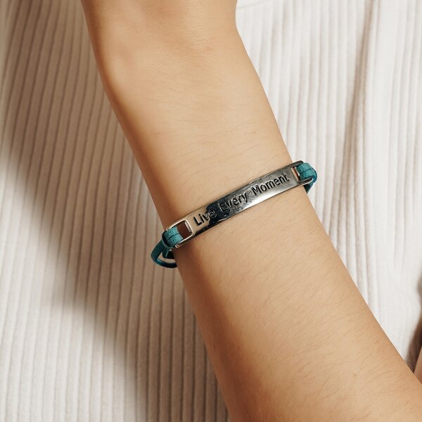 

Slogan Engraved Metal Detail Bracelet, Blue