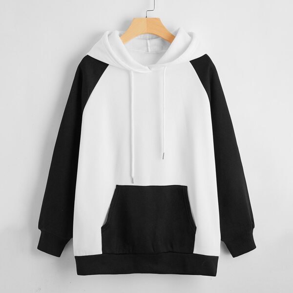 

Raglan Sleeve Kangaroo Pocket Colorblock Hoodie, Black and white