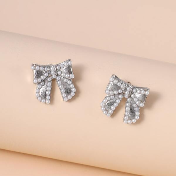 

Faux Pearl Bow Knot Design Stud Earrings, Silver