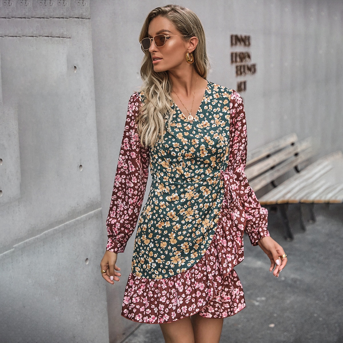 Image of Allover Floral Colour Block Wrap Dress