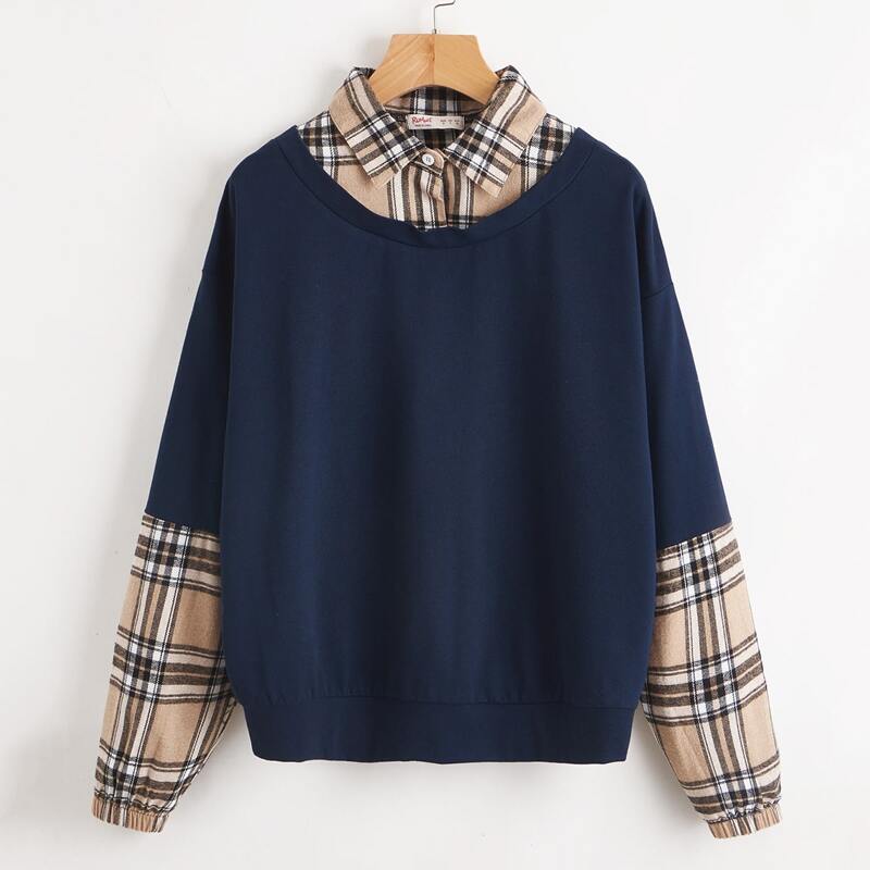 

Contrast Plaid Collar Sweatshirt, Multicolor