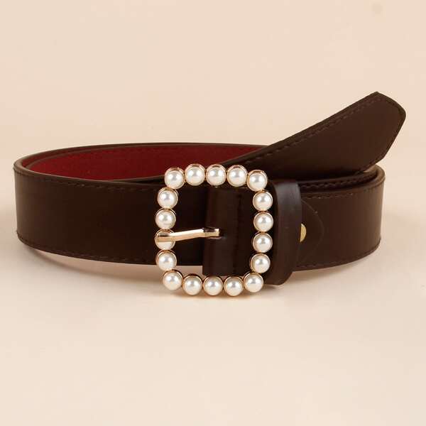 

Faux Pearl Square Buckle Belt, Coffee brown