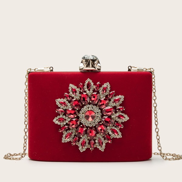

Gemstone Decor Clip Top Box Bag, Red