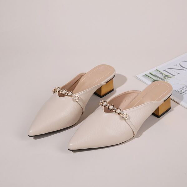 

Rhinestone Detail Block Heeled Mules, Beige