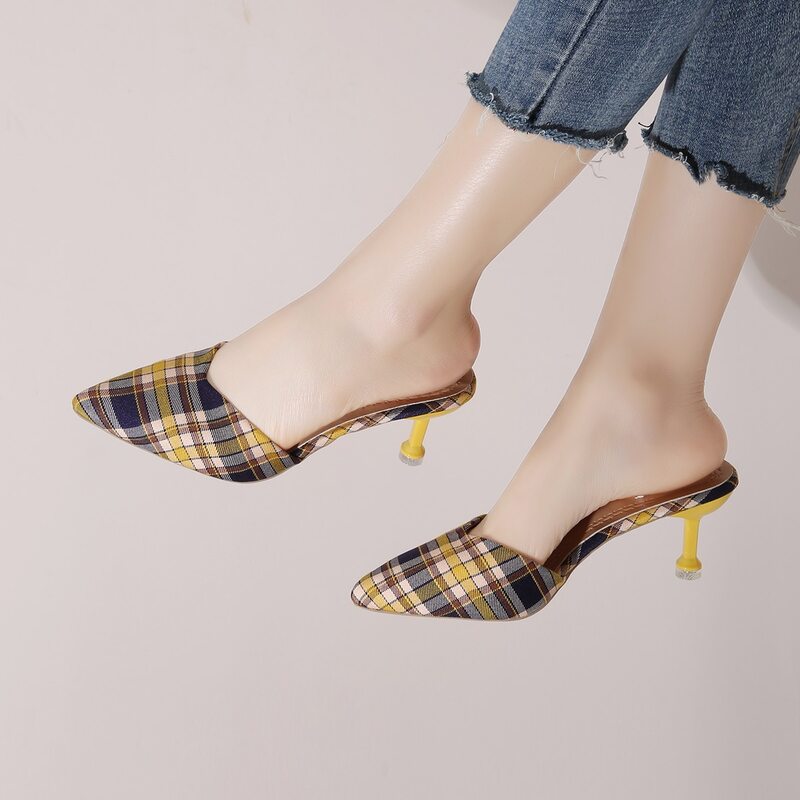 

Point Toe Mid Heeled Plaid Mules, Multicolor
