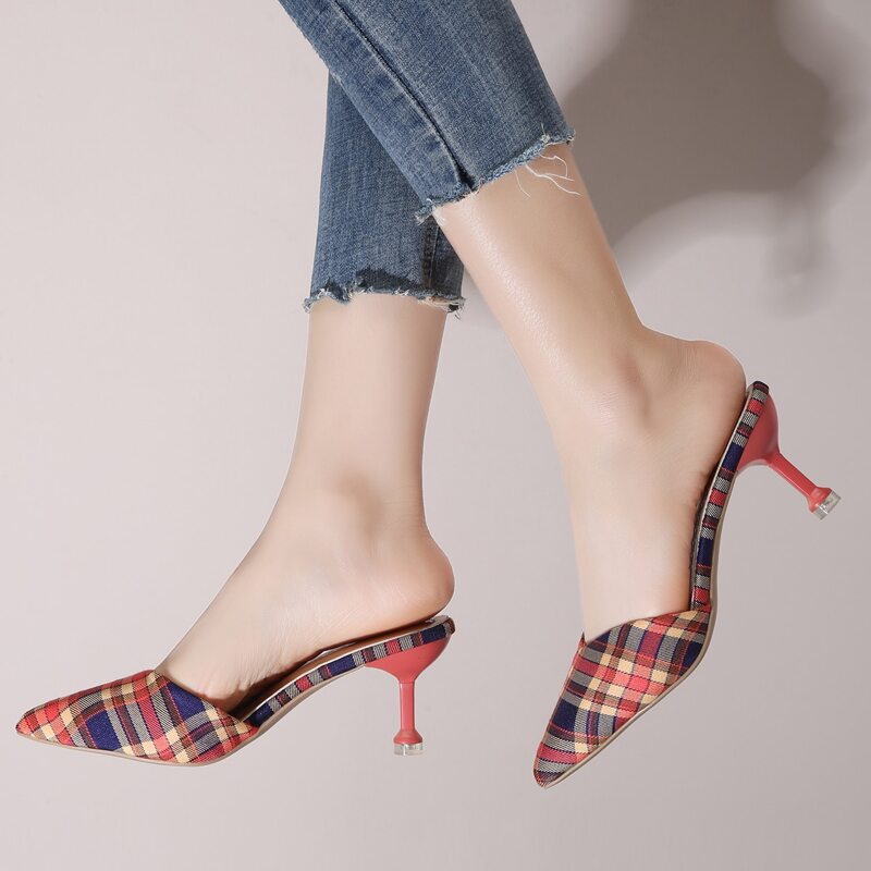 

Point Toe Mid Heeled Plaid Mules, Multicolor