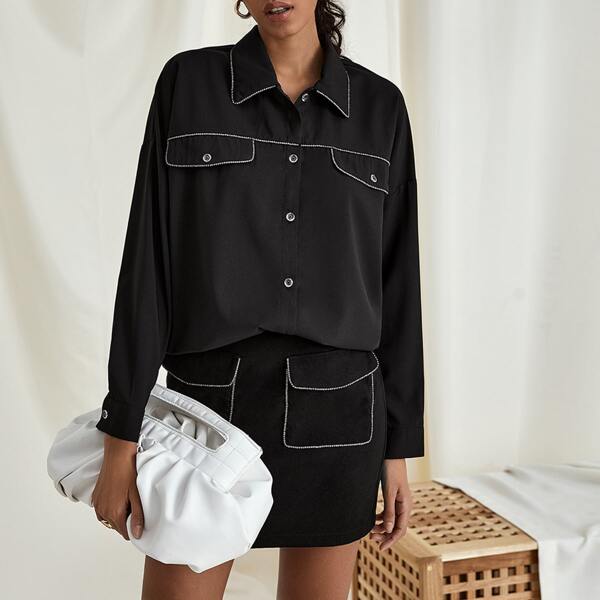 

Drop Shoulder Rhinestone Detail Blouse, Black