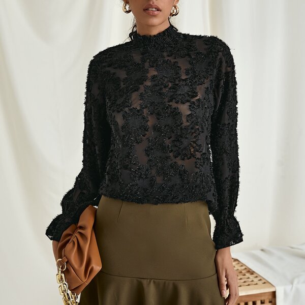 

Flounce Sleeve Appliques Jacquard Top, Black