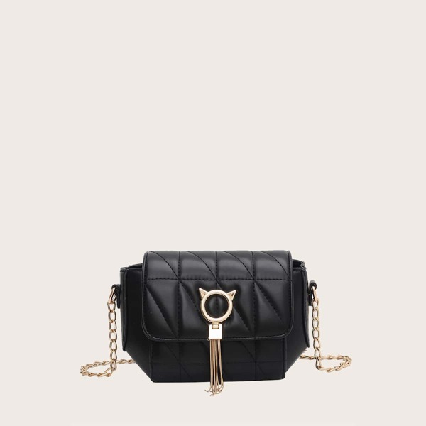 

Tassel Decor Quilted Flap Crossbody Bag, Black