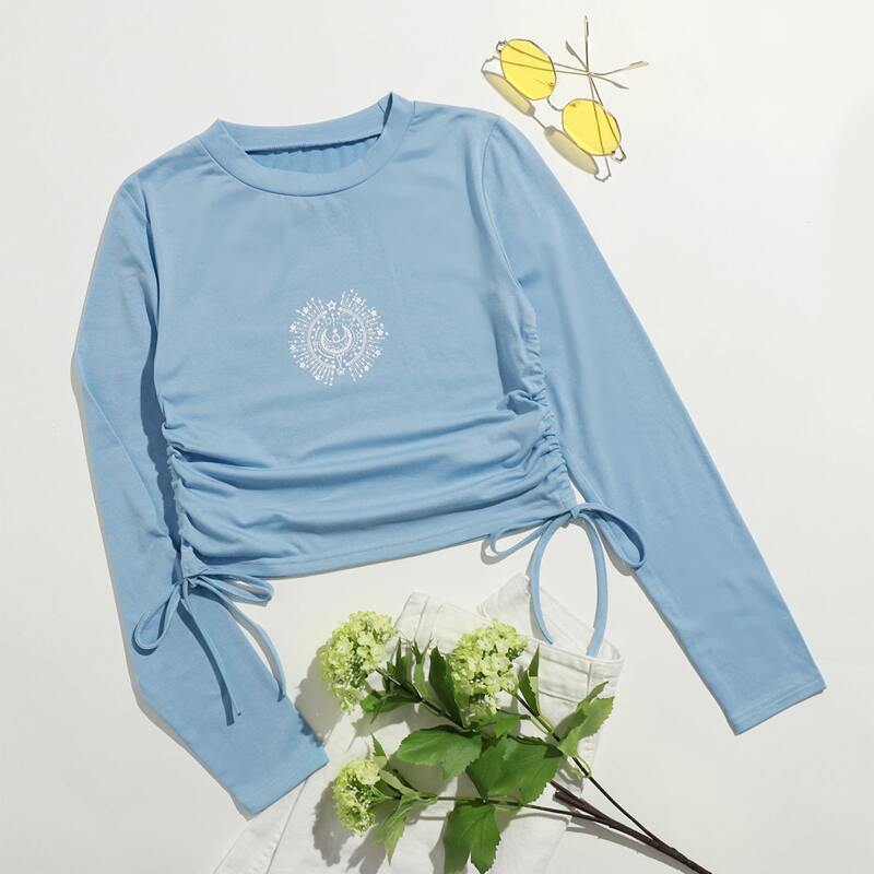 

Moon & Star Graphic Drawstring Crop Tee, Dusty blue
