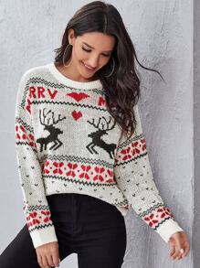 Drop Shoulder Christmas Pattern Sweater