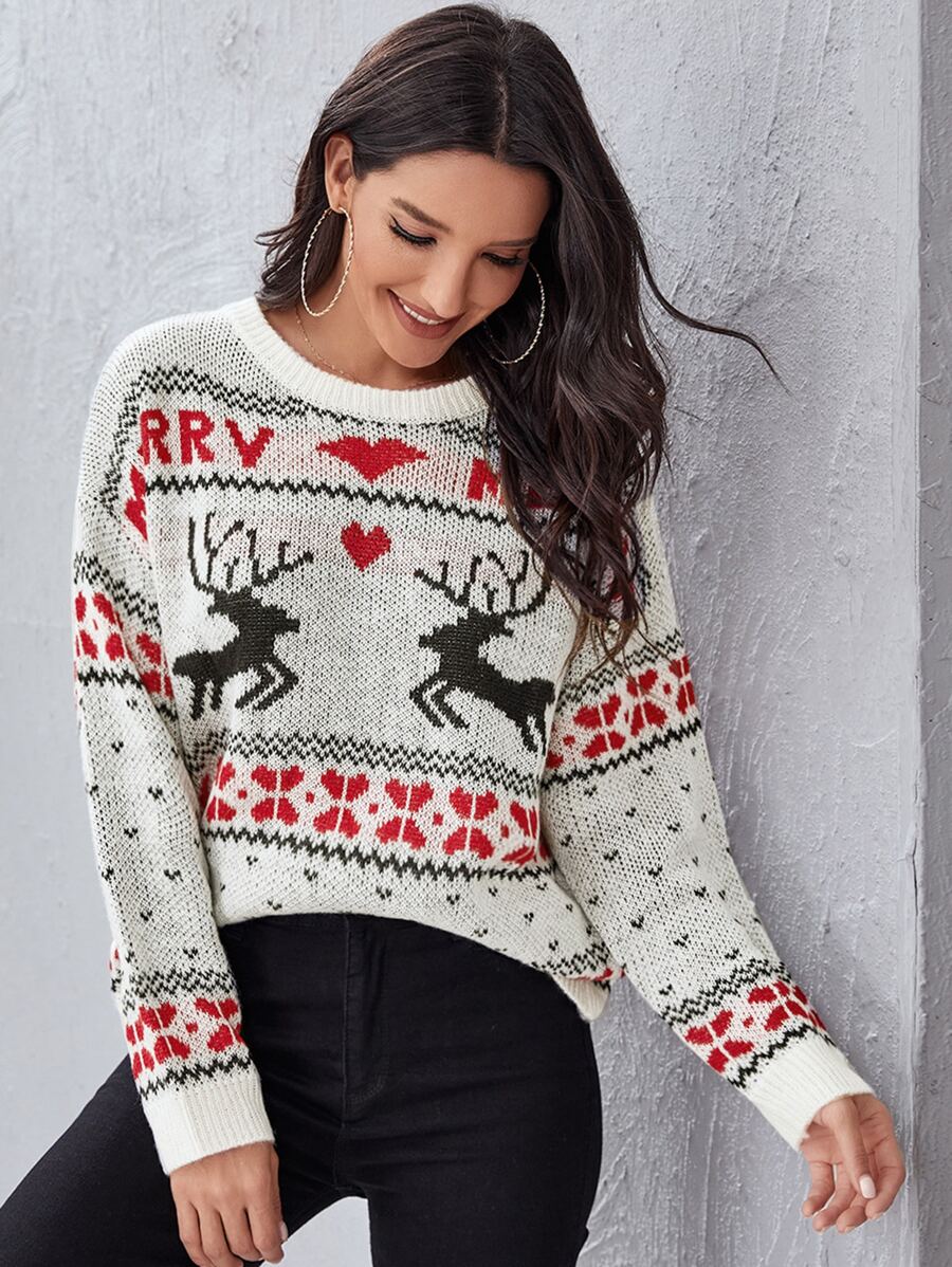 Drop Shoulder Christmas Pattern Sweater