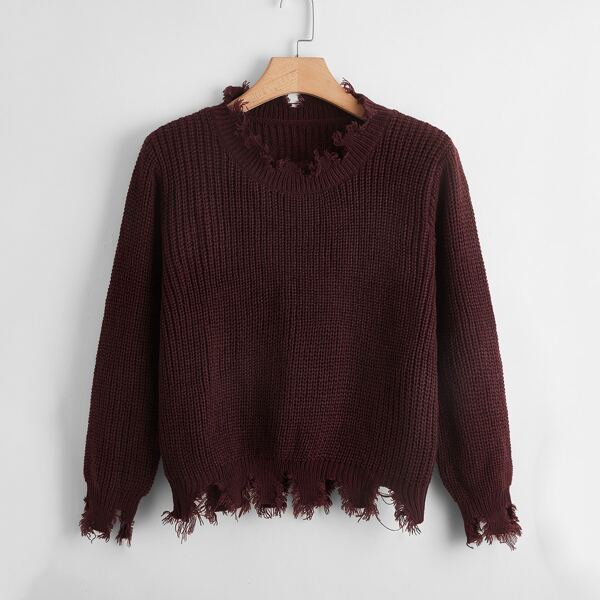 

Plus Distressed Trim V Neck Sweater, Maroon