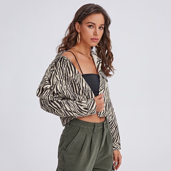 

Flap Pocket Zebra Striped Crop Jacket, Multicolor