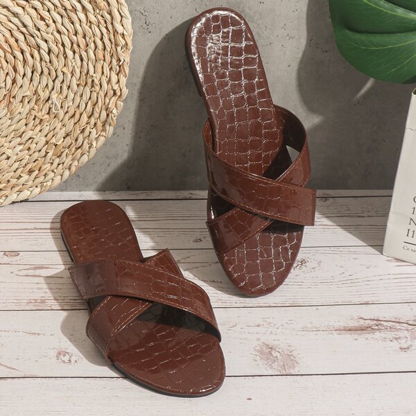 

Croc Embossed Criss Cross Slide Sandals, Brown