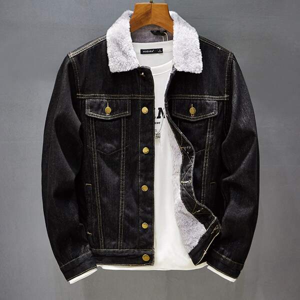 

Men Teddy Lined Denim Jacket, Black
