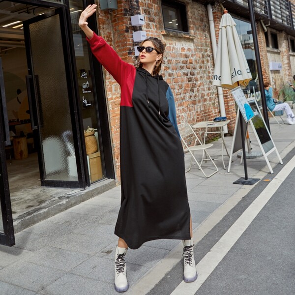 

Color Block Split Hem Hoodie Dress, Black