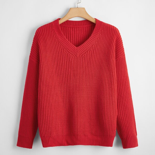 

Plus V-neck Ribbed Knit Drop Shoulder Sweater, Red