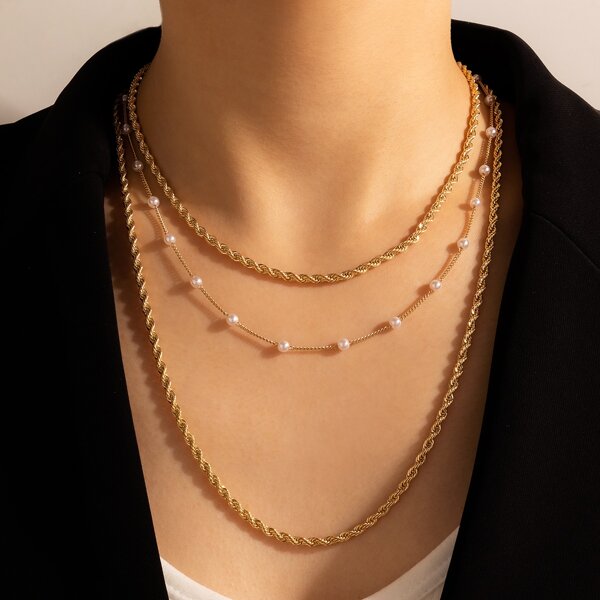 

Faux Pearl Layered Necklace, Gold