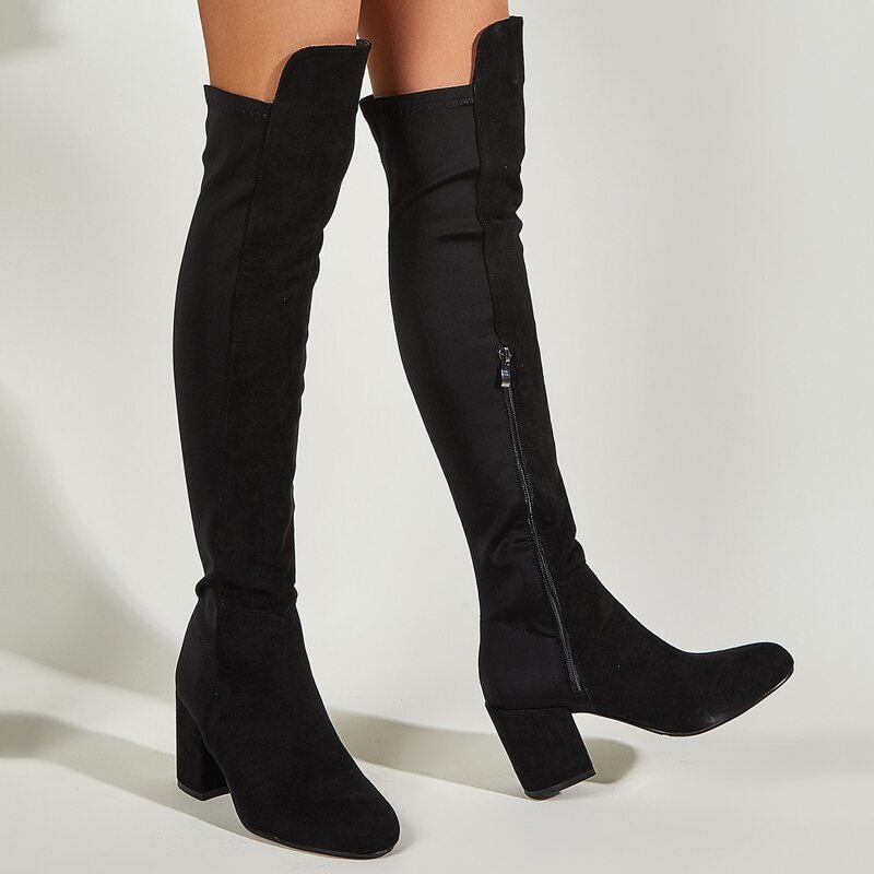 

Chunky Heeled Suede Knee Boots, Black