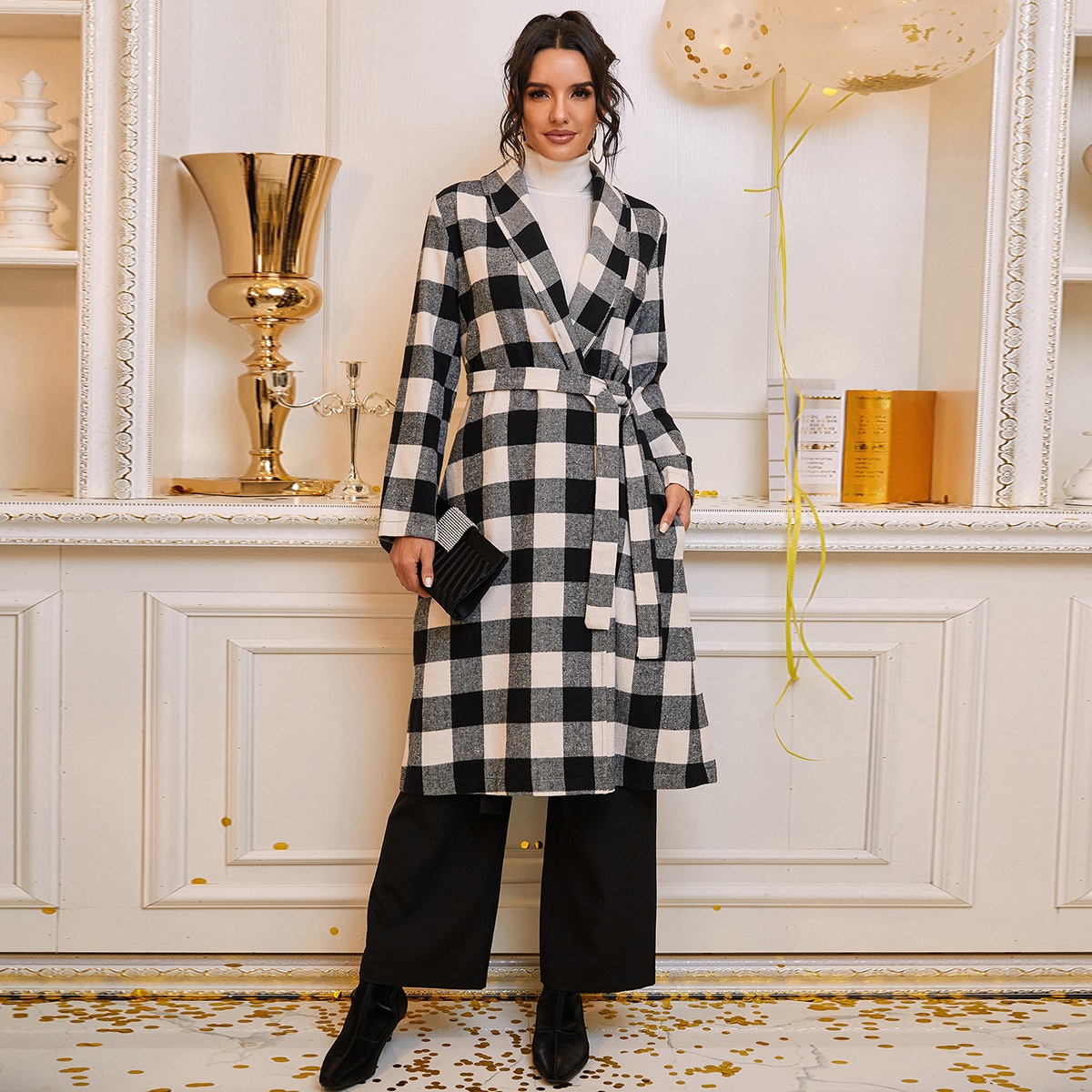Image of Gingham Print Self Belted Shawl Collar Overcoat