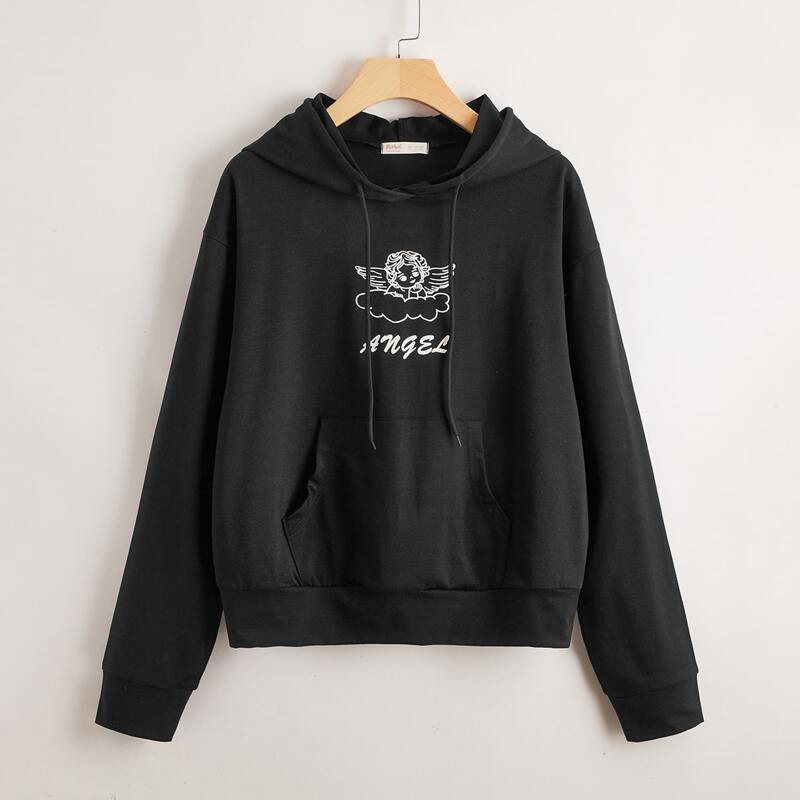 

Angel Letter Graphic Drawstring Hoodie, Black