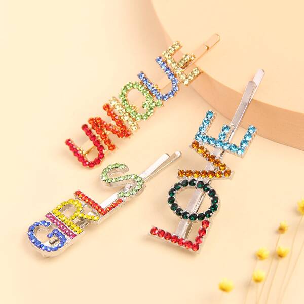 

3pcs Rhinestone Letter Decor Bobby Pin, Multicolor
