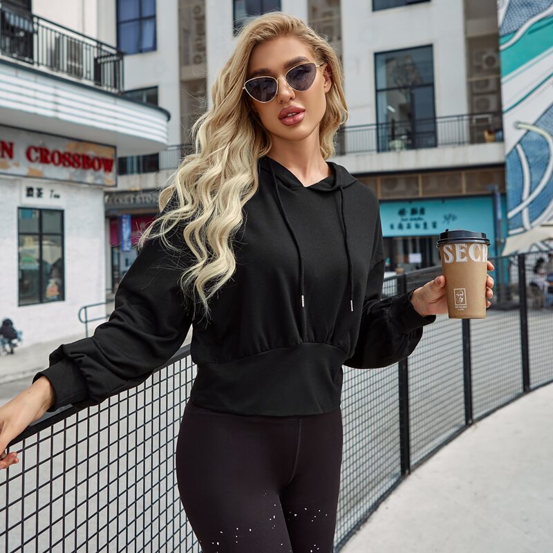 

Solid Drawstring Sports Hoodie, Black