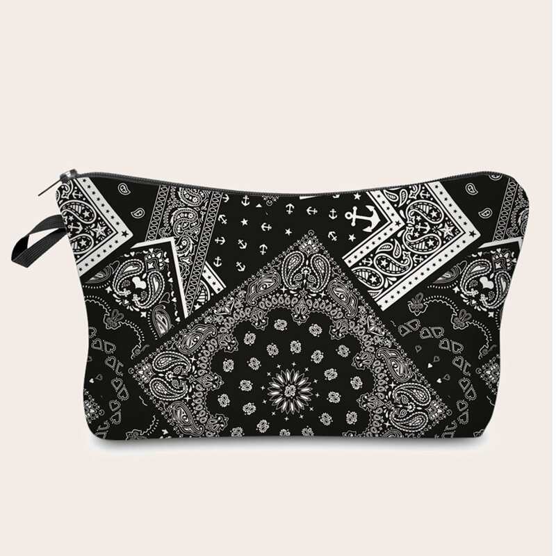 

Geometric & Paisley Print Makeup Bag, Black and white