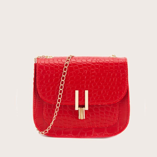 

Croc Embossed Flap Saddle Bag, Red