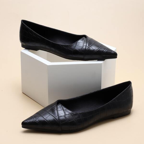 

Point Toe Croc Embossed Flats, Black