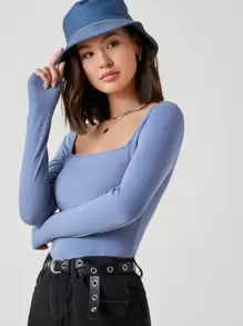 SHEIN BASICS Camiseta algodón de cuello cuadrado forma ajustada - Neblina azul - Ver 3